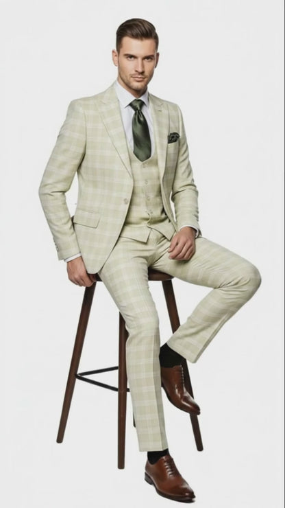 Men’s Light Beige Check 3-Piece Suit Set – Premium Tailored Fit Formal Wedding and Spring Event Suit Light Tan Sand Color By Rossiman