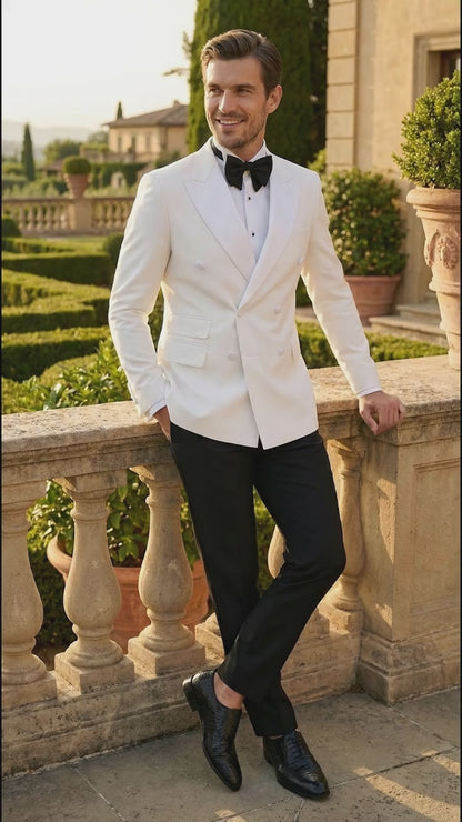 Men’s White Double Breasted Dinner Jacket Blazer with Black Pants – Formal Tuxedo Style Outfit for Weddings