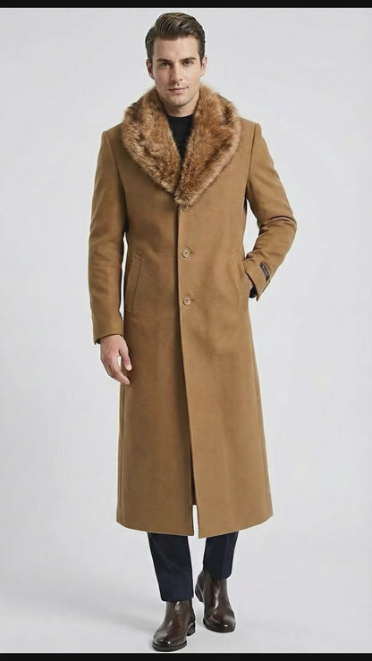 Men's Camel Brown Long Overcoat with Faux Fur Collar, Classic Winter Topcoat for Formal and Business Wear