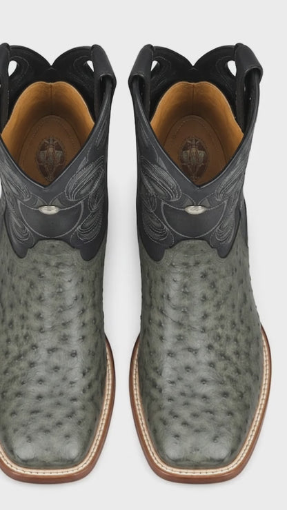 Los Altos Men’s Gray Genuine Ostrich Cowboy Boots – Square Toe Exotic Western Boots