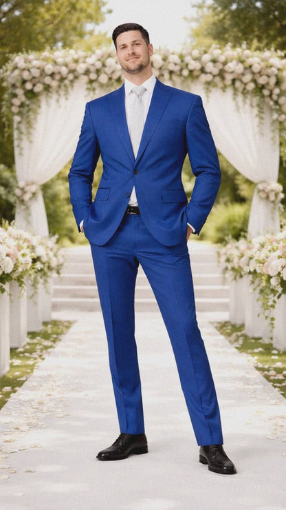 Rossiman Men’s Royal Blue Glossy Sateen Suit – Bold & Refined Look