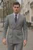 Mens Classic Wool Feel Double Breasted Glen Plaid Suit in Grey