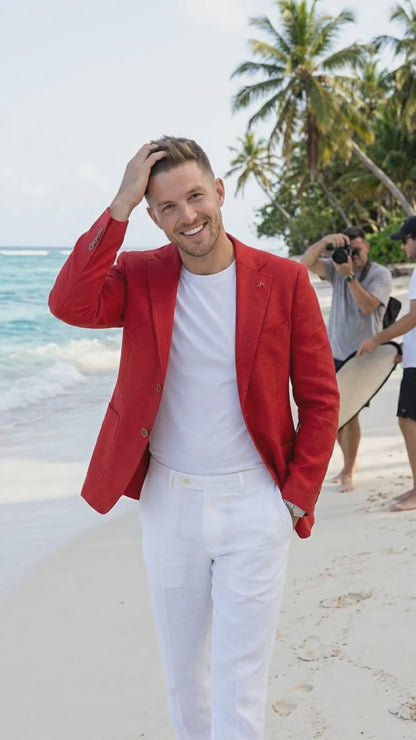 Men’s Red Linen Blazer, Lightweight Business Casual Wedding Sport Coat Jacket