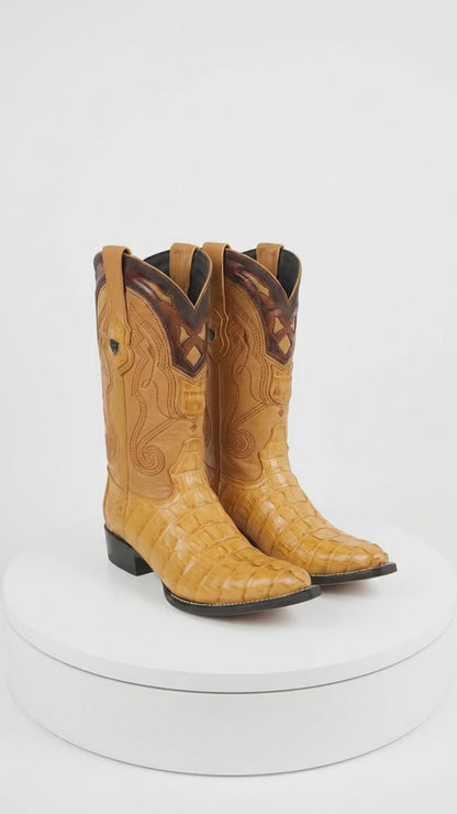 Men’s Yellow Gold Caiman Tail Skin 3X Toe Cowboy Boots – Wild West Western Boots 29501-A