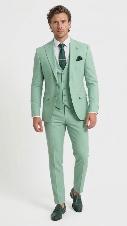 Mens Mint Green 3-Piece Suit – Slim Fit Wedding, Prom & Formal Suit with Matching Vest By Derman