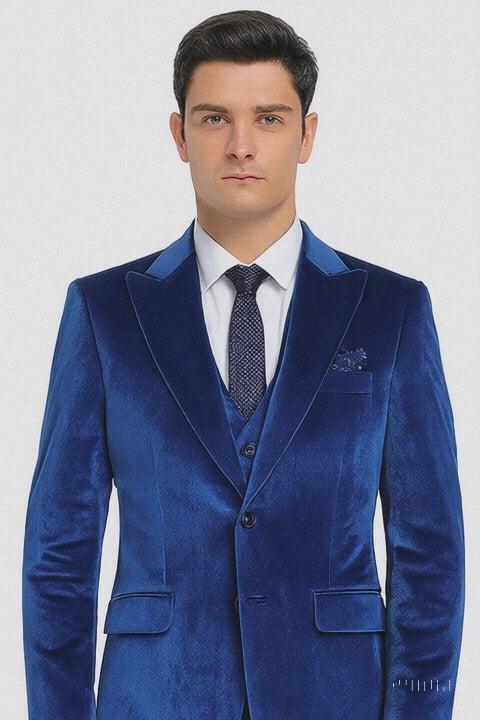 Men’s Royal Blue Velvet Peak Lapel Suit – 2-Piece Skinny Fit Formalwear by Tazzio