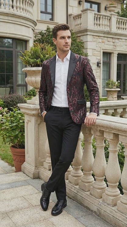 Men’s Black and Burgundy Sequin Blazer – Black Sparkle Sequin Party Blazer with Burgundy Pattern for Prom, Wedding Slim Fitted