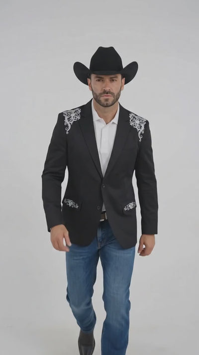 Men’s Black & White Western Blazer – Cowboy Sport Coat with Embroidered Shoulder & Back Design