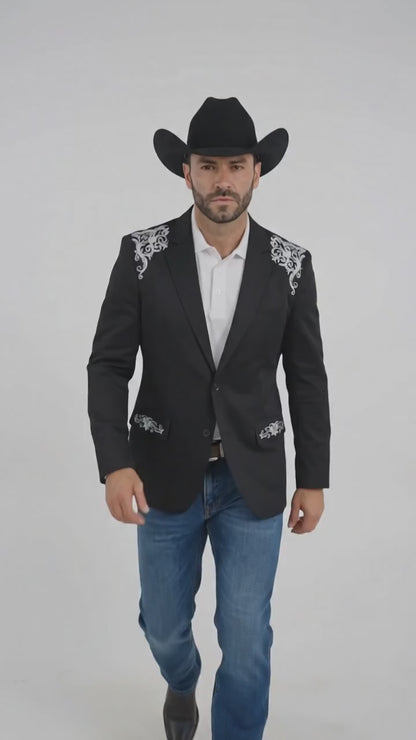 Men’s Black & White Western Blazer – Cowboy Sport Coat with Embroidered Shoulder & Back Design
