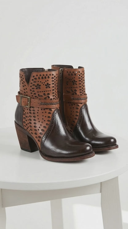 Women’s Brown Leather Short Boots, Oval Toe Ankle Boots with Buckle and Cutout Detail