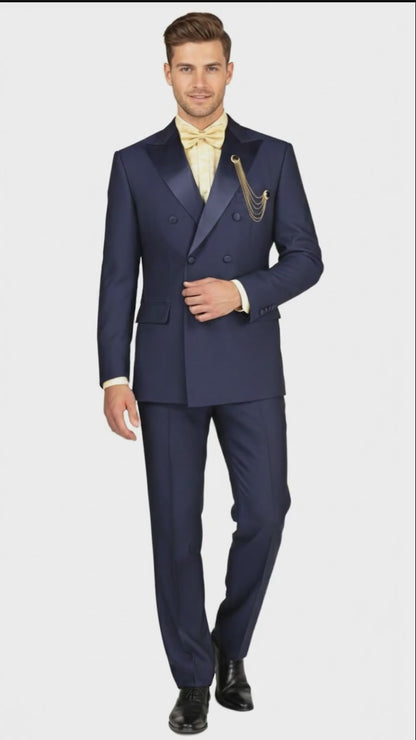 Men’s Navy Blue Double-Breasted Tuxedo with navy Satin Peak Lapel Wedding Suit