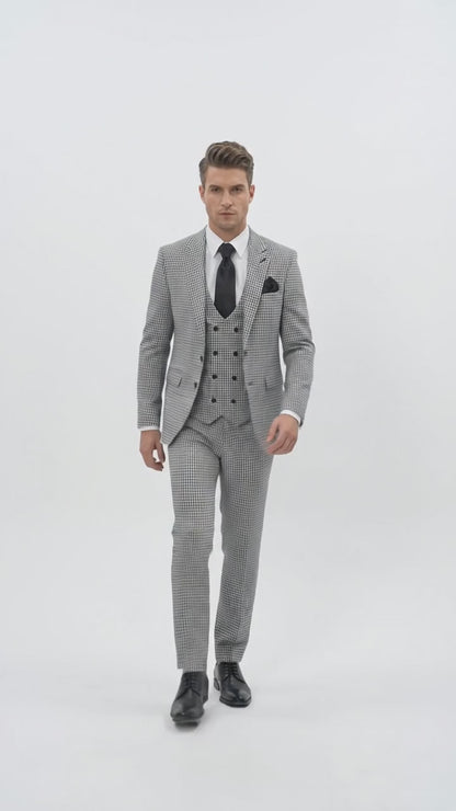 Men’s Black & White Houndstooth Check 3-Piece Pure Wool Suit with Double-Breasted Vest & Flat Front Pants