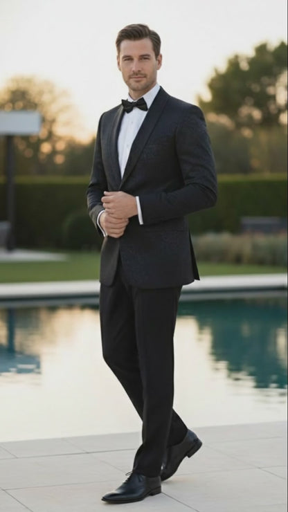 Men’s Black Textured Paisley floral Tuxedo Suit – Premium Slim Fit Formal Wedding, Prom, with Bowtie