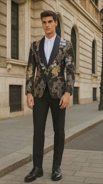 Men’s Black and Gold and Silver Floral Jacquard Blazer with Satin Shawl Lapel Tuxedo Suit With Black Pants with Bowtie