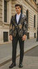 Men’s Black and Gold and Silver Floral Jacquard Blazer with Satin Shawl Lapel Tuxedo Suit With Black Pants with Bowtie
