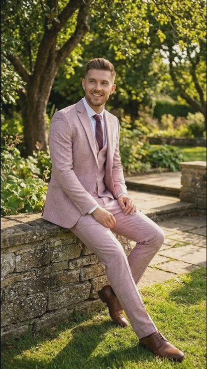 Mens Dusty Rose Three Piece Plaid Suit – Pink Check Wedding and Business Formal Suit Set Windowpane Pattern