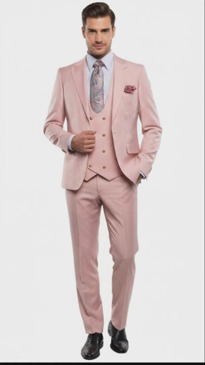 Men’s Blush Pink and Gold Three-Piece Suit – Tailored Fit Formal Wedding, Vested Suit By Rossiman