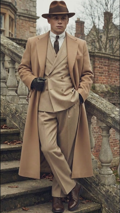 Men’s Cashmere & Wool Camel Beige Long Overcoat – Peaky Blinders Style Vintage Formal Coat + Suit + Hat Package