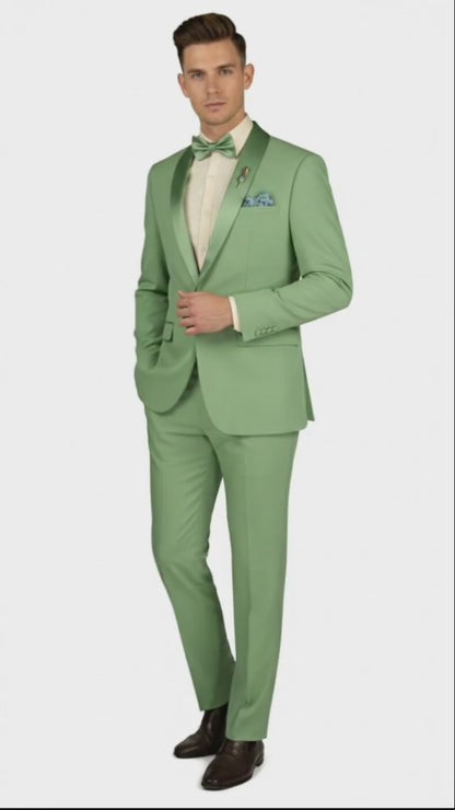 Men’s Mint Green Tuxedo – 2-Piece Formal Suit with Satin Shawl Lapel and Matching Bow Tie in  Sage Green