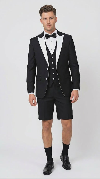 Men’s Black and White Tuxedo Shorts Suit – Modern Formal Tuxedo with Short Pants for Wedding, Party and Special Events