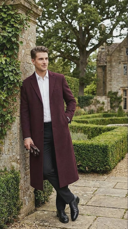 Men’s Burgundy Long Coat – Classic Fit Wool Blend Overcoat - Topcoat Full length