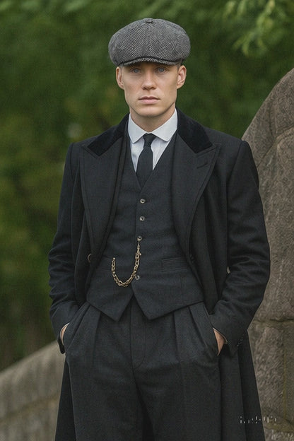 Mens Peaky Blinders Costume Thomas Shelby Black Suit Overcoat & Hat