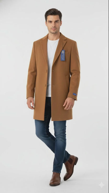 Men’s Camel Brown Wool Top Coat – Classic Long Overcoat for Formal and Casual Wear in rust copper