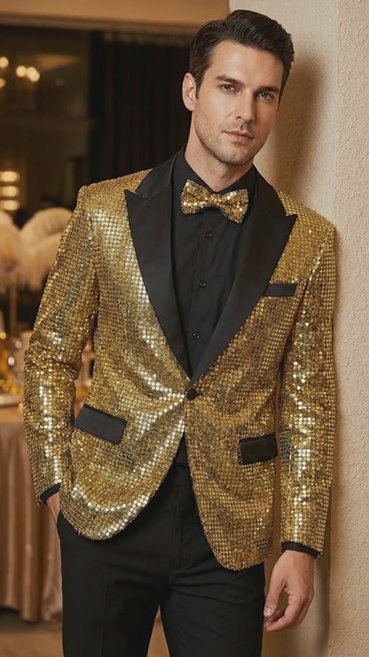 Mens Gold Sequin Blazer with Black Satin Lapel – Gold Formal Party Blazer Jacket for Prom, Wedding and Stage Events