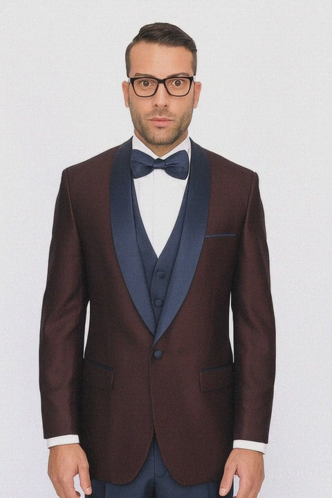 Burgundy ~ Plum And Dark Navy Blue Lapel Burgundy Suit Tuxedo Vested 3 Piece Suit Wedding / Prom / Party Suit