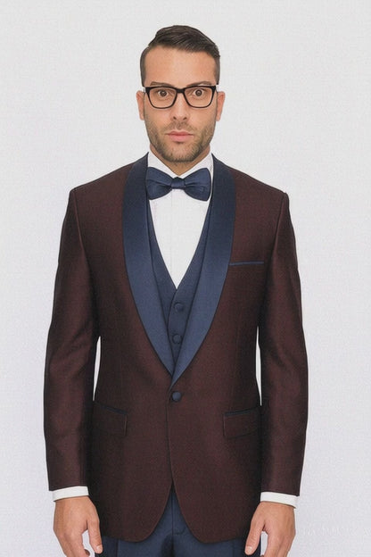 Burgundy ~ Plum And Dark Navy Blue Lapel Burgundy Suit Tuxedo Vested 3 Piece Suit Wedding / Prom / Party Suit