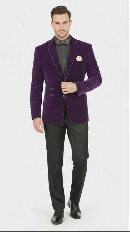 Men’s Purple Velvet Blazer – Luxury Slim Fit Formal Jacket with Black Satin Trim Tuxedo Dinner Jacket