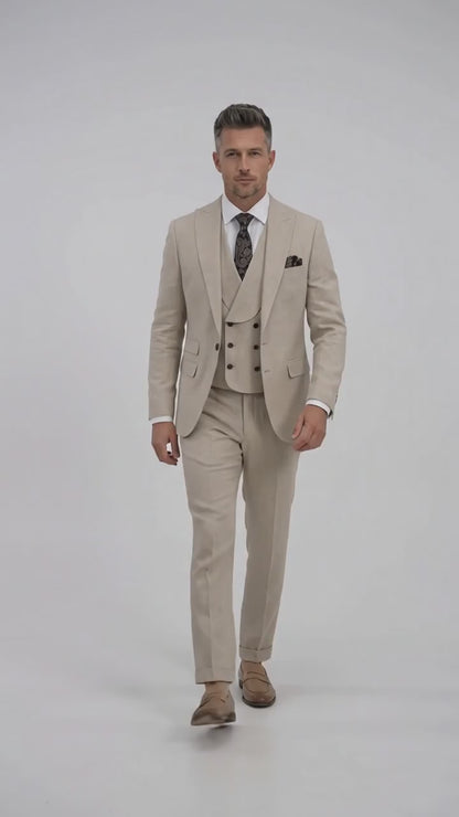 Statement Men’s Tan Wool Suit with Double Breasted Vest, Single Button Big Lapel Formal Dress Suit