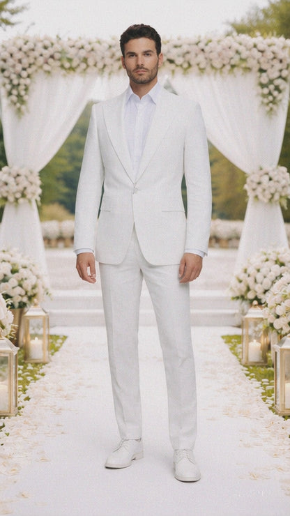 Seersucker Suit Peak Lapel Suit in Color "White" - Summer Fabric Tone on Tone Shadow Stripe By Rossiman