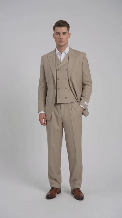 Tiglio Rosso Men’s Tan 3-Piece Italian Wool Suit – Classic Fit Peak Lapel Suit with Double-Breasted Vest and Pleated Wide-Leg Pants