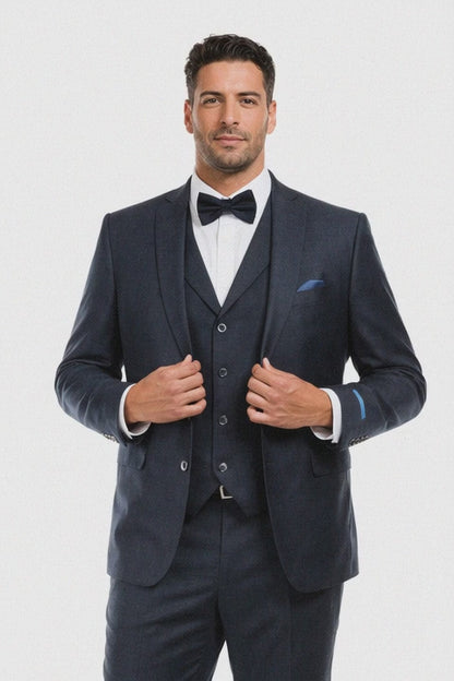 Men’s Navy Blue Vintage Tweed Wedding Suit – Two Button Jacket with Matching Vest