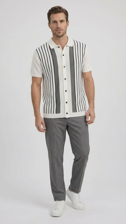 Mens White and Charcoal Gray Stripe Walking Suit Set – Short Sleeve Button Shirt and Pants Casual Summer Outfit for Travel, Vacation and Everyday Wear