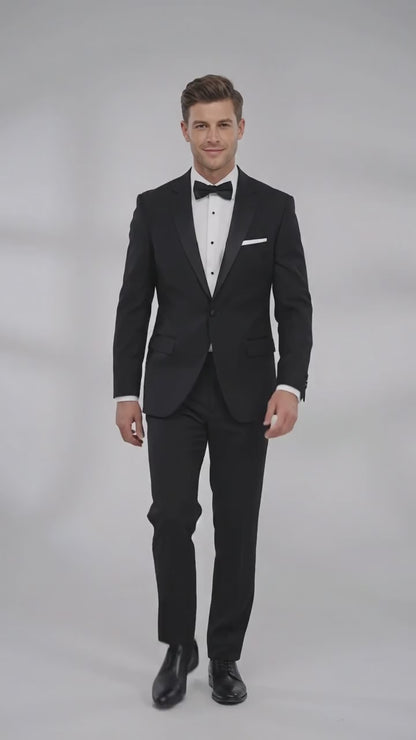 Men’s Black Uniform Tuxedo – One-Button Satin Lapel Formal Suit for Weddings, Prom and Events
