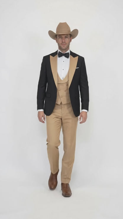 Men's Western Khaki Cowboy Tuxedo Suit – Black & Tan Beige  Peak Lapel 3-Piece Vested Formal Cowboy Suit