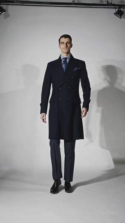 "Men's Navy Wool Peacoat – Double Breasted 3/4 Length Overcoat"
