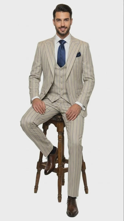 Men's Beige with blue Pinstripe Three-Piece Suit with Vest by Rossiman Vested Peak Lapel in Tan Stripe 1920s style