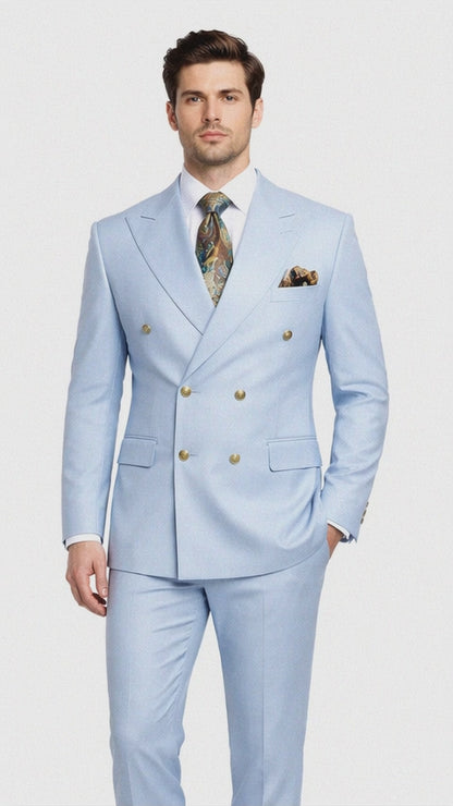 Rossiman Men’s Light Blue Slim Fit Suit – Elegant Double-Breasted Design
