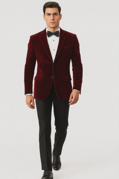 Mens Modern Fit 2 Button Velvet Blazer in Burgundy