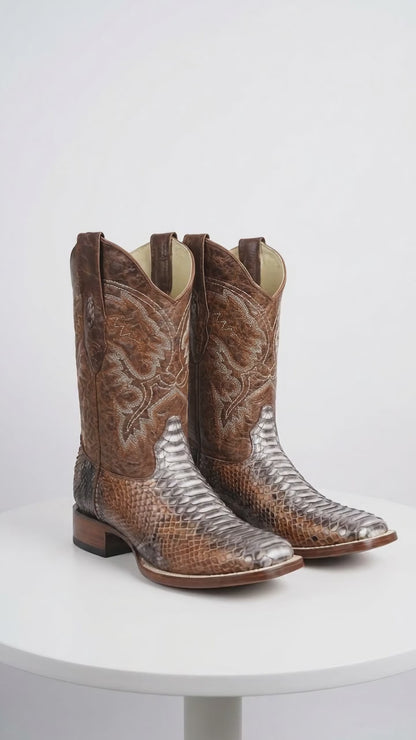 Men’s Brown Original Python Ranchero Cowboy Boots with Pointed Toe, Exotic Western Dress Boots