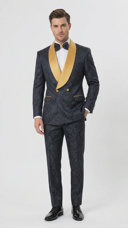 Men’s Black and Gold Hollywood Tuxedo – Double-Breasted Shawl Lapel Prom, Wedding and Formal Suit