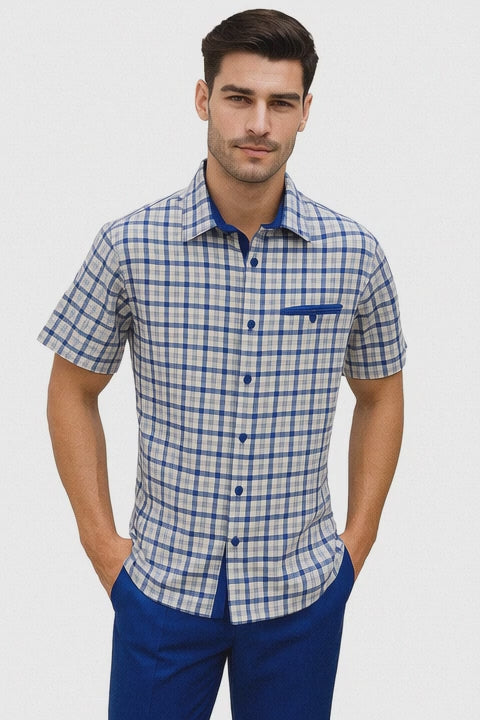 Mens Plaid Walking Suit in royal by Dreams Zacchi – 2 Piece Leisure Outfit with Matching Shirt and Pants - $99