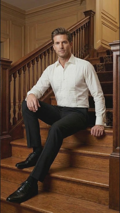 Men’s Ivory Cream Off White  Pleated Tuxedo Dress Shirt | French Cuff Formal Wedding Shirt