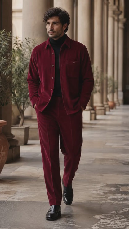 Mens Corduroy Shirt and Pants Walking Suit in Winter Cotton Fabric Casual in Color Burgundy leisure Style