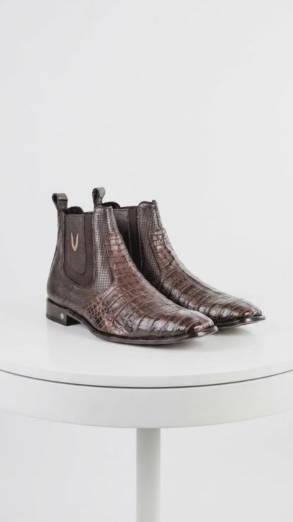 Men’s Brown Vestigium Caiman Belly Chelsea Boots, Genuine Exotic Dress Ankle Boots
