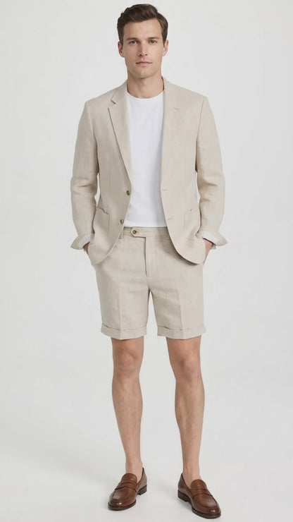 Men’s Tan Linen Suit with Shorts, 2 Piece Summer Short Suit, Casual Beach Wedding Outfit