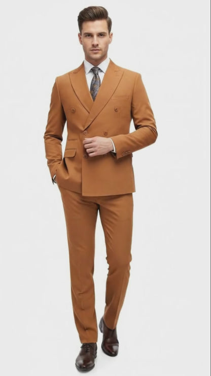 Men’s Vitali Brand Rustish Orange Brown Copper Color Double Breasted Slim Fit Suit